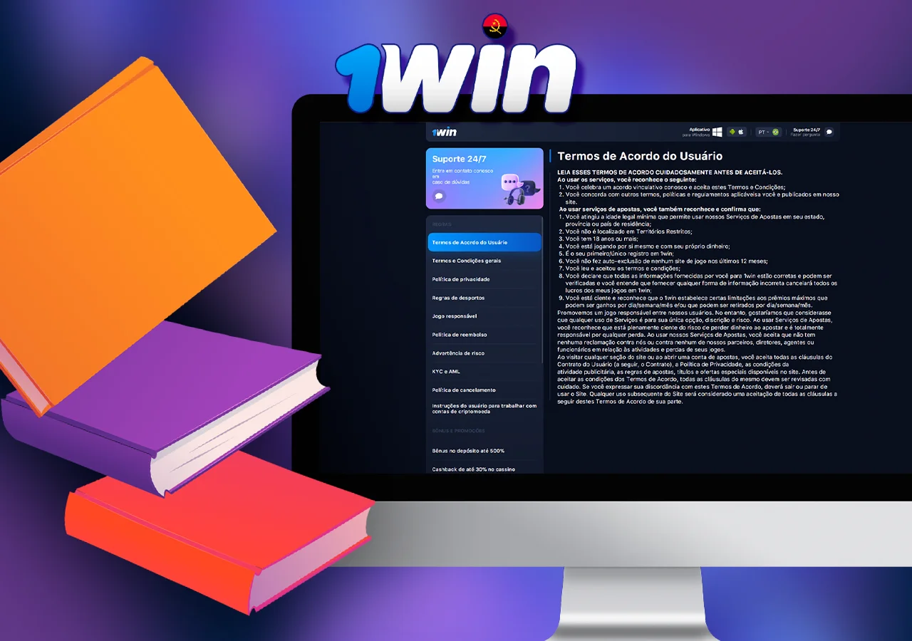 Monitor com secção de diferentes regras e regulamentos da 1Win, livros ao lado