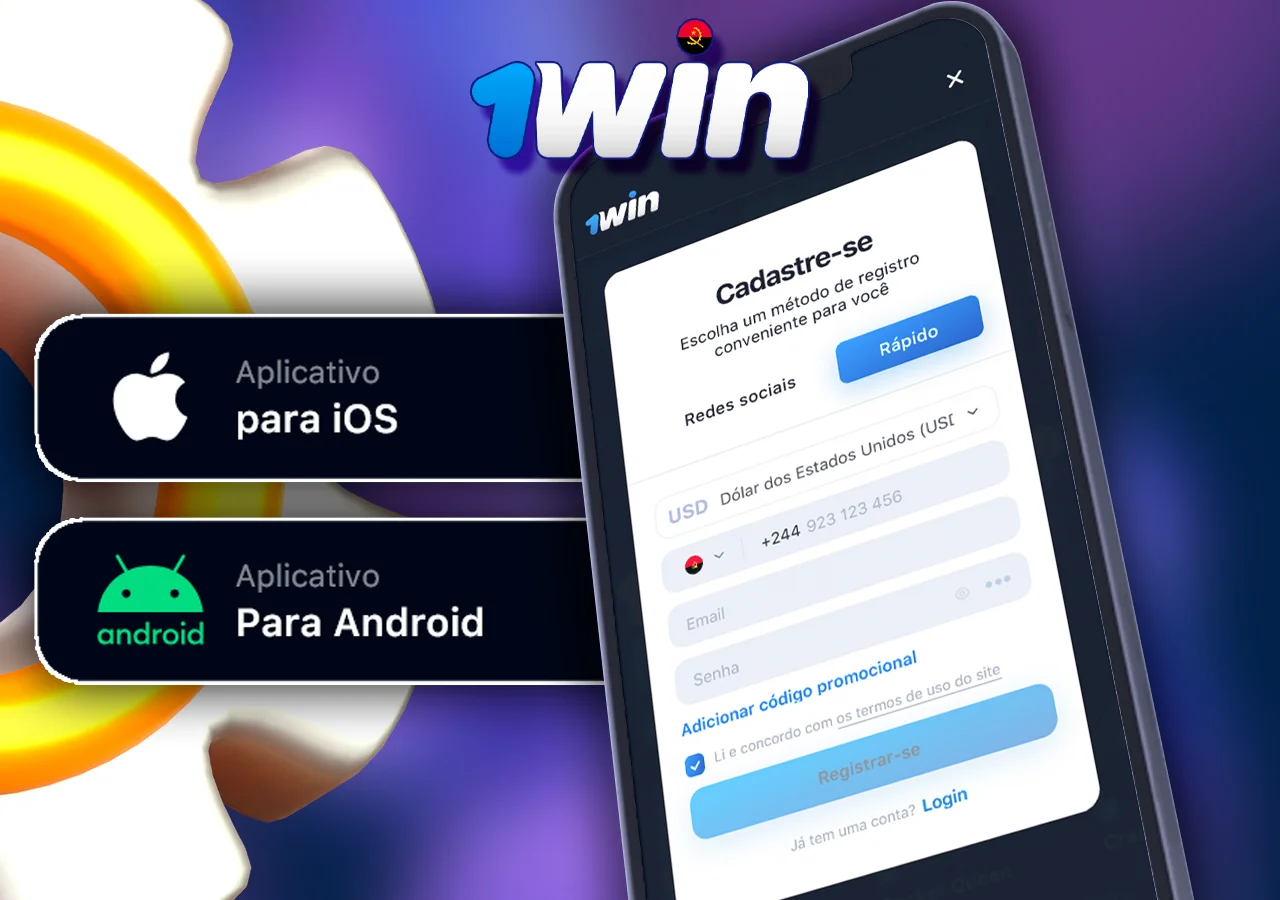 No telemóvel mostra o registo no casino online 1Win, junto aos botões para instalar a aplicação nos telemóveis