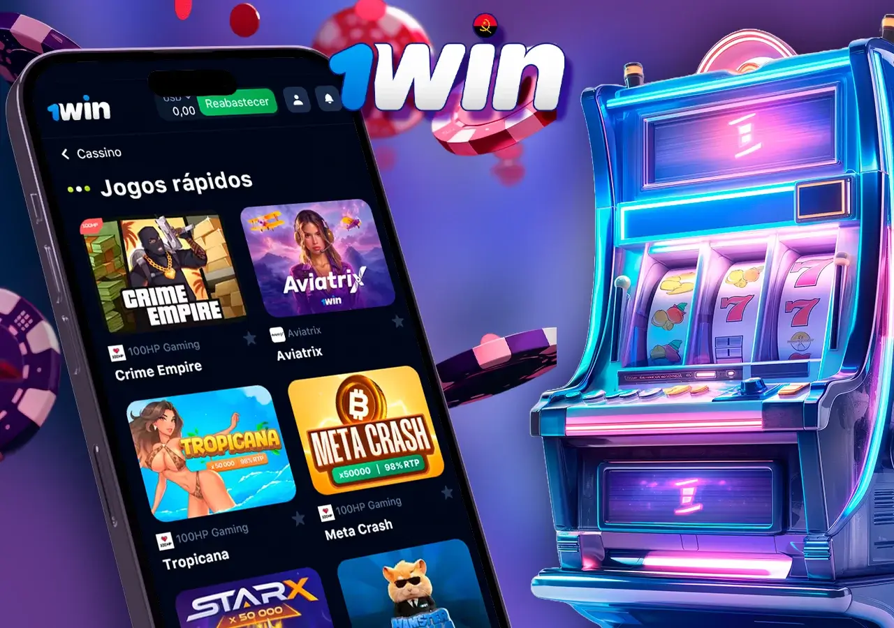 Telemóvel com exemplos de slots num casino, ao lado de uma slot machine